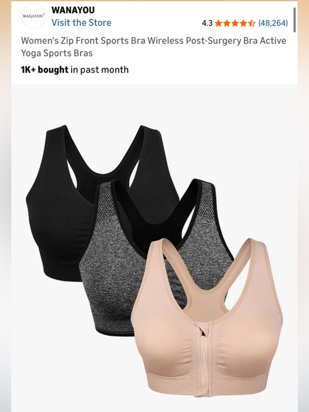 Set of 3 Women’s Zip Front Wireless Sports Bra - Black, Gray, Nude